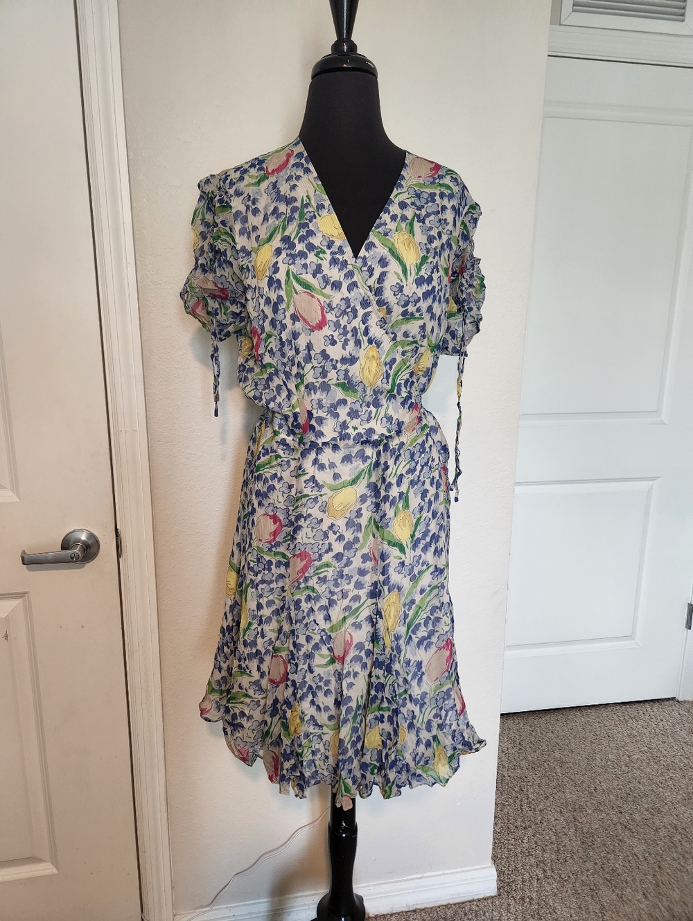 Polo by Ralph Lauren Blue Floral Wrap Mini Dress with Pastel Tulips - Picture 5 of 12